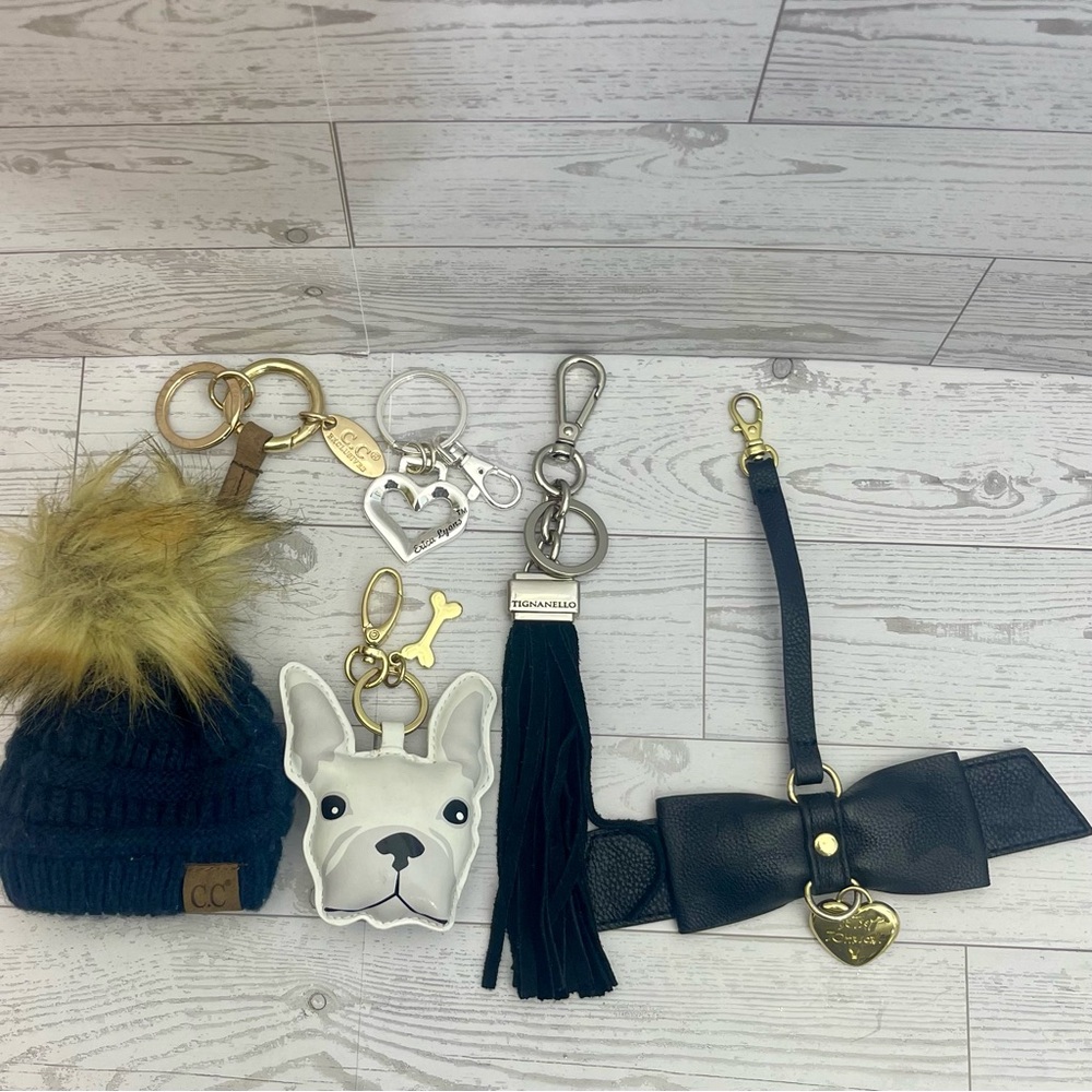 Lot Of 5 Keychain Including Betsy Johnson Black Bow with Gold Heart Charm